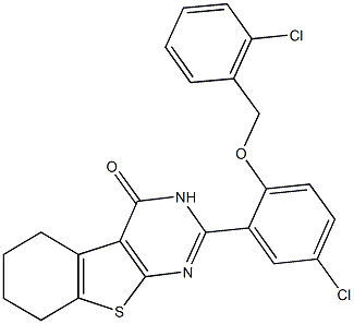 2-{5-chloro-2-[(2-chlorobenzyl)oxy]phenyl}-5,6,7,8-tetrahydro[1]benzothieno[2,3-d]pyrimidin-4(3H)-one Struktur