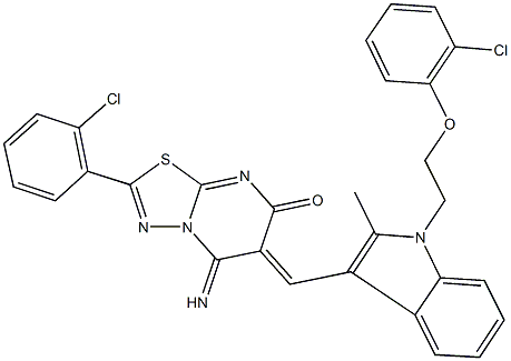 6-({1-[2-(2-chlorophenoxy)ethyl]-2-methyl-1H-indol-3-yl}methylene)-2-(2-chlorophenyl)-5-imino-5,6-dihydro-7H-[1,3,4]thiadiazolo[3,2-a]pyrimidin-7-one Struktur