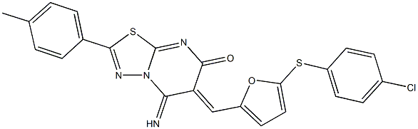 6-({5-[(4-chlorophenyl)sulfanyl]-2-furyl}methylene)-5-imino-2-(4-methylphenyl)-5,6-dihydro-7H-[1,3,4]thiadiazolo[3,2-a]pyrimidin-7-one Struktur