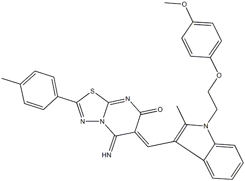 5-imino-6-({1-[2-(4-methoxyphenoxy)ethyl]-2-methyl-1H-indol-3-yl}methylene)-2-(4-methylphenyl)-5,6-dihydro-7H-[1,3,4]thiadiazolo[3,2-a]pyrimidin-7-one Struktur