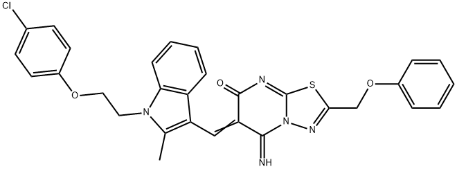 6-({1-[2-(4-chlorophenoxy)ethyl]-2-methyl-1H-indol-3-yl}methylene)-5-imino-2-(phenoxymethyl)-5,6-dihydro-7H-[1,3,4]thiadiazolo[3,2-a]pyrimidin-7-one Struktur