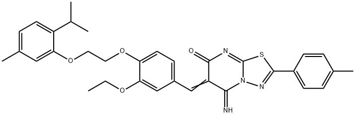 6-{3-ethoxy-4-[2-(2-isopropyl-5-methylphenoxy)ethoxy]benzylidene}-5-imino-2-(4-methylphenyl)-5,6-dihydro-7H-[1,3,4]thiadiazolo[3,2-a]pyrimidin-7-one Struktur