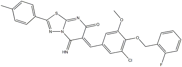 6-{3-chloro-4-[(2-fluorobenzyl)oxy]-5-methoxybenzylidene}-5-imino-2-(4-methylphenyl)-5,6-dihydro-7H-[1,3,4]thiadiazolo[3,2-a]pyrimidin-7-one Struktur