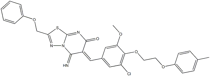 6-{3-chloro-5-methoxy-4-[2-(4-methylphenoxy)ethoxy]benzylidene}-5-imino-2-(phenoxymethyl)-5,6-dihydro-7H-[1,3,4]thiadiazolo[3,2-a]pyrimidin-7-one Struktur