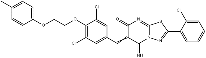 2-(2-chlorophenyl)-6-{3,5-dichloro-4-[2-(4-methylphenoxy)ethoxy]benzylidene}-5-imino-5,6-dihydro-7H-[1,3,4]thiadiazolo[3,2-a]pyrimidin-7-one Struktur