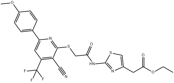 ethyl {2-[({[3-cyano-6-(4-methoxyphenyl)-4-(trifluoromethyl)-2-pyridinyl]sulfanyl}acetyl)amino]-1,3-thiazol-4-yl}acetate Struktur