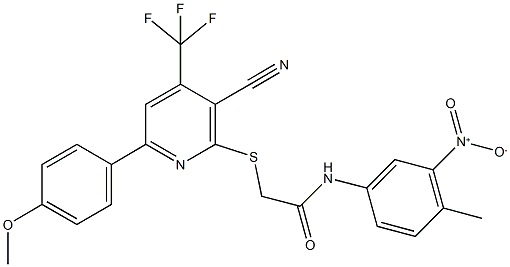 2-{[3-cyano-6-(4-methoxyphenyl)-4-(trifluoromethyl)-2-pyridinyl]sulfanyl}-N-{3-nitro-4-methylphenyl}acetamide Struktur