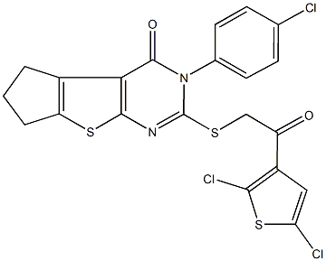 3-(4-chlorophenyl)-2-{[2-(2,5-dichloro-3-thienyl)-2-oxoethyl]sulfanyl}-3,5,6,7-tetrahydro-4H-cyclopenta[4,5]thieno[2,3-d]pyrimidin-4-one Struktur