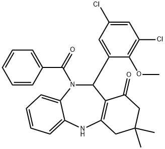 10-benzoyl-11-(3,5-dichloro-2-methoxyphenyl)-3,3-dimethyl-2,3,4,5,10,11-hexahydro-1H-dibenzo[b,e][1,4]diazepin-1-one Struktur