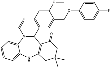 10-acetyl-11-{3-[(4-fluorophenoxy)methyl]-4-methoxyphenyl}-3,3-dimethyl-2,3,4,5,10,11-hexahydro-1H-dibenzo[b,e][1,4]diazepin-1-one Struktur