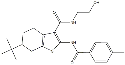 6-tert-butyl-N-(2-hydroxyethyl)-2-[(4-methylbenzoyl)amino]-4,5,6,7-tetrahydro-1-benzothiophene-3-carboxamide Struktur