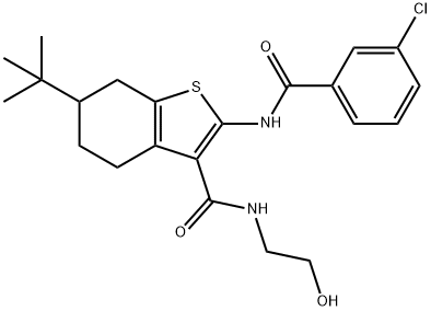 6-tert-butyl-2-[(3-chlorobenzoyl)amino]-N-(2-hydroxyethyl)-4,5,6,7-tetrahydro-1-benzothiophene-3-carboxamide Struktur