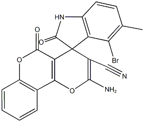 2'-amino-4-bromo-5-methyl-1,3-dihydro-2,5'-dioxospiro(2H-indole-3,4'-[4'H,5'H]-pyrano[3,2-c]chromene)-3'-carbonitrile Struktur