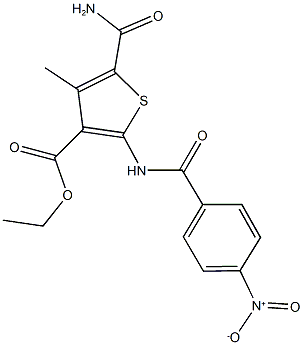 ethyl 5-(aminocarbonyl)-2-({4-nitrobenzoyl}amino)-4-methyl-3-thiophenecarboxylate Struktur