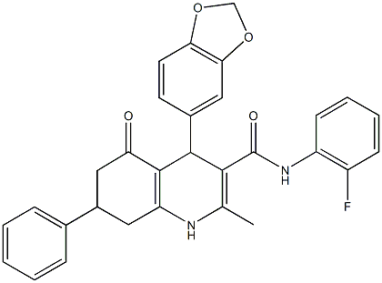 4-(1,3-benzodioxol-5-yl)-N-(2-fluorophenyl)-2-methyl-5-oxo-7-phenyl-1,4,5,6,7,8-hexahydro-3-quinolinecarboxamide Struktur