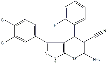 6-amino-3-(3,4-dichlorophenyl)-4-(2-fluorophenyl)-1,4-dihydropyrano[2,3-c]pyrazole-5-carbonitrile Struktur