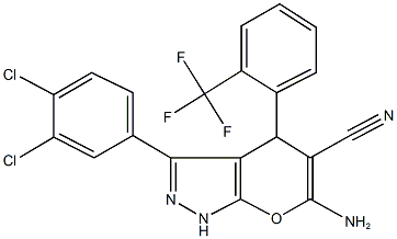 6-amino-3-(3,4-dichlorophenyl)-4-[2-(trifluoromethyl)phenyl]-1,4-dihydropyrano[2,3-c]pyrazole-5-carbonitrile Struktur