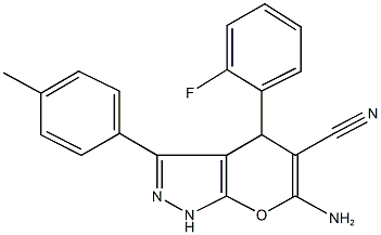 6-amino-4-(2-fluorophenyl)-3-(4-methylphenyl)-1,4-dihydropyrano[2,3-c]pyrazole-5-carbonitrile Struktur