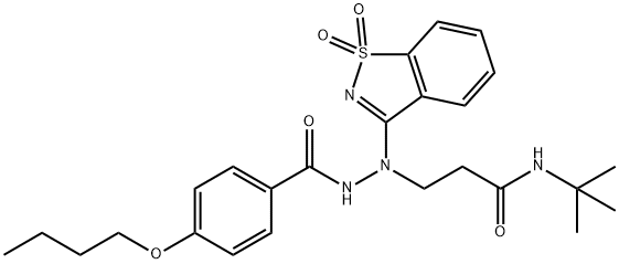 3-[2-(4-butoxybenzoyl)-1-(1,1-dioxido-1,2-benzisothiazol-3-yl)hydrazino]-N-(tert-butyl)propanamide Struktur