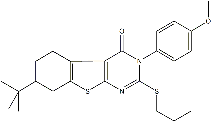 7-tert-butyl-3-(4-methoxyphenyl)-2-(propylsulfanyl)-5,6,7,8-tetrahydro[1]benzothieno[2,3-d]pyrimidin-4(3H)-one Struktur