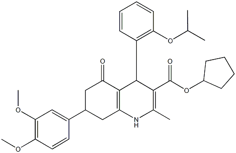 cyclopentyl 7-(3,4-dimethoxyphenyl)-4-(2-isopropoxyphenyl)-2-methyl-5-oxo-1,4,5,6,7,8-hexahydro-3-quinolinecarboxylate Struktur