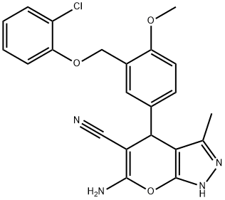 6-amino-4-{3-[(2-chlorophenoxy)methyl]-4-methoxyphenyl}-3-methyl-1,4-dihydropyrano[2,3-c]pyrazole-5-carbonitrile Struktur