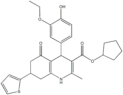 cyclopentyl 4-(3-ethoxy-4-hydroxyphenyl)-2-methyl-5-oxo-7-(2-thienyl)-1,4,5,6,7,8-hexahydro-3-quinolinecarboxylate Struktur