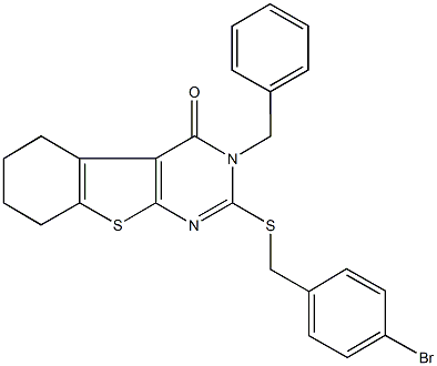 3-benzyl-2-[(4-bromobenzyl)sulfanyl]-5,6,7,8-tetrahydro[1]benzothieno[2,3-d]pyrimidin-4(3H)-one Struktur