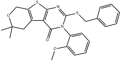 2-(benzylsulfanyl)-3-(2-methoxyphenyl)-6,6-dimethyl-3,5,6,8-tetrahydro-4H-pyrano[4',3':4,5]thieno[2,3-d]pyrimidin-4-one Struktur