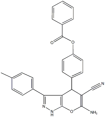 4-[6-amino-5-cyano-3-(4-methylphenyl)-1,4-dihydropyrano[2,3-c]pyrazol-4-yl]phenyl benzoate Struktur