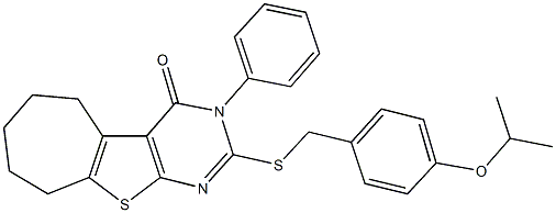 2-[(4-isopropoxybenzyl)sulfanyl]-3-phenyl-3,5,6,7,8,9-hexahydro-4H-cyclohepta[4,5]thieno[2,3-d]pyrimidin-4-one Struktur