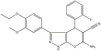 6-amino-3-(4-ethoxy-3-methoxyphenyl)-4-(2-fluorophenyl)-1,4-dihydropyrano[2,3-c]pyrazole-5-carbonitrile Struktur