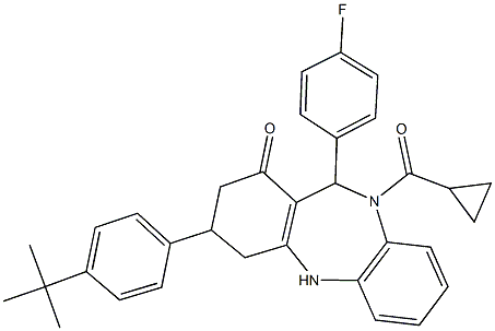 3-(4-tert-butylphenyl)-10-(cyclopropylcarbonyl)-11-(4-fluorophenyl)-2,3,4,5,10,11-hexahydro-1H-dibenzo[b,e][1,4]diazepin-1-one Struktur