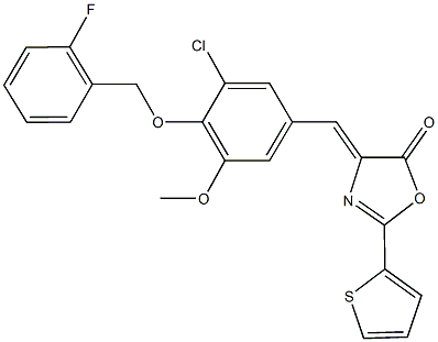 4-{3-chloro-4-[(2-fluorobenzyl)oxy]-5-methoxybenzylidene}-2-(2-thienyl)-1,3-oxazol-5(4H)-one Struktur