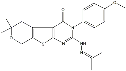 3-(4-methoxyphenyl)-6,6-dimethyl-2-[2-(1-methylethylidene)hydrazino]-3,5,6,8-tetrahydro-4H-pyrano[4',3':4,5]thieno[2,3-d]pyrimidin-4-one Struktur