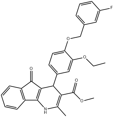 methyl 4-{3-ethoxy-4-[(3-fluorobenzyl)oxy]phenyl}-2-methyl-5-oxo-4,5-dihydro-1H-indeno[1,2-b]pyridine-3-carboxylate Struktur