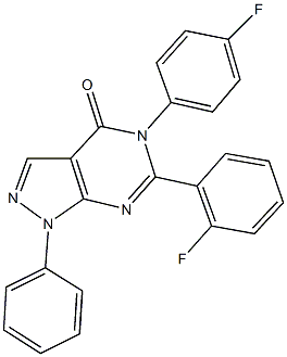 6-(2-fluorophenyl)-5-(4-fluorophenyl)-1-phenyl-1,5-dihydro-4H-pyrazolo[3,4-d]pyrimidin-4-one Struktur