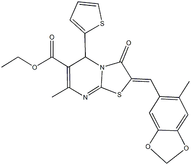 ethyl 7-methyl-2-[(6-methyl-1,3-benzodioxol-5-yl)methylene]-3-oxo-5-(2-thienyl)-2,3-dihydro-5H-[1,3]thiazolo[3,2-a]pyrimidine-6-carboxylate Struktur