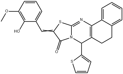 10-(2-hydroxy-3-methoxybenzylidene)-7-(2-thienyl)-5,7-dihydro-6H-benzo[h][1,3]thiazolo[2,3-b]quinazolin-9(10H)-one Struktur