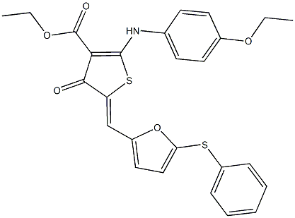 ethyl 2-(4-ethoxyanilino)-4-oxo-5-{[5-(phenylsulfanyl)-2-furyl]methylene}-4,5-dihydro-3-thiophenecarboxylate Struktur