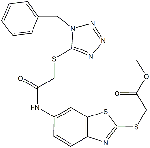 methyl {[6-({[(1-benzyl-1H-tetraazol-5-yl)sulfanyl]acetyl}amino)-1,3-benzothiazol-2-yl]sulfanyl}acetate Struktur