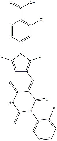 2-chloro-4-{3-[(1-(2-fluorophenyl)-4,6-dioxo-2-thioxotetrahydro-5(2H)-pyrimidinylidene)methyl]-2,5-dimethyl-1H-pyrrol-1-yl}benzoic acid Struktur