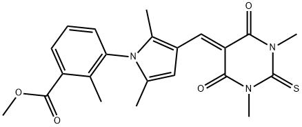 methyl 3-{3-[(1,3-dimethyl-4,6-dioxo-2-thioxotetrahydro-5(2H)-pyrimidinylidene)methyl]-2,5-dimethyl-1H-pyrrol-1-yl}-2-methylbenzoate Struktur