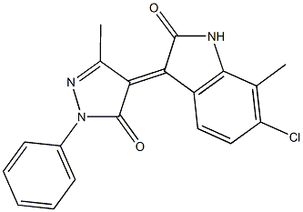 6-chloro-7-methyl-3-(3-methyl-5-oxo-1-phenyl-1,5-dihydro-4H-pyrazol-4-ylidene)-1,3-dihydro-2H-indol-2-one Struktur