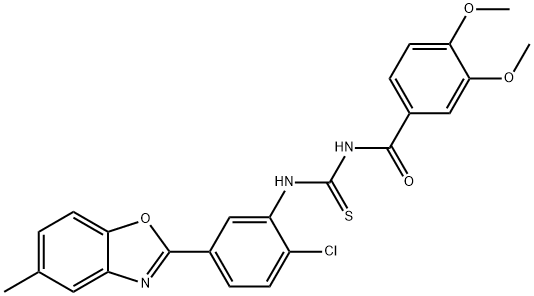 N-[2-chloro-5-(5-methyl-1,3-benzoxazol-2-yl)phenyl]-N'-(3,4-dimethoxybenzoyl)thiourea Struktur