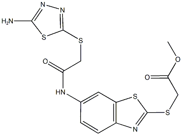 methyl {[6-({[(5-amino-1,3,4-thiadiazol-2-yl)sulfanyl]acetyl}amino)-1,3-benzothiazol-2-yl]sulfanyl}acetate Struktur