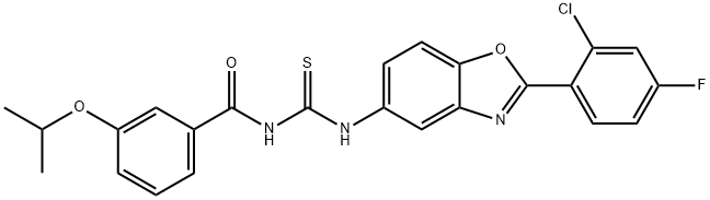 N-[2-(2-chloro-4-fluorophenyl)-1,3-benzoxazol-5-yl]-N'-(3-isopropoxybenzoyl)thiourea Struktur