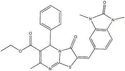 ethyl 2-[(1,3-dimethyl-2-oxo-2,3-dihydro-1H-benzimidazol-5-yl)methylene]-7-methyl-3-oxo-5-phenyl-2,3-dihydro-5H-[1,3]thiazolo[3,2-a]pyrimidine-6-carboxylate Struktur