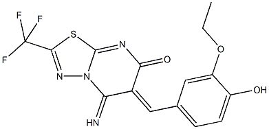 6-(3-ethoxy-4-hydroxybenzylidene)-5-imino-2-(trifluoromethyl)-5,6-dihydro-7H-[1,3,4]thiadiazolo[3,2-a]pyrimidin-7-one Struktur