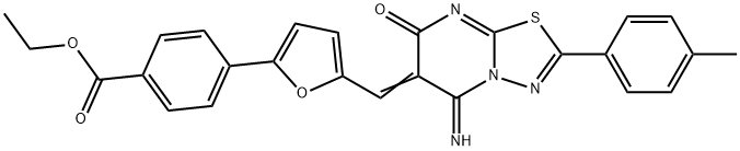 ethyl 4-{5-[(5-imino-2-(4-methylphenyl)-7-oxo-5H-[1,3,4]thiadiazolo[3,2-a]pyrimidin-6(7H)-ylidene)methyl]-2-furyl}benzoate Struktur